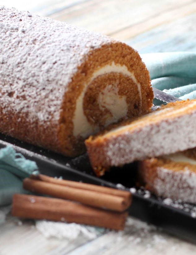 Pumpkin Cake Roll with cinnamon sticks