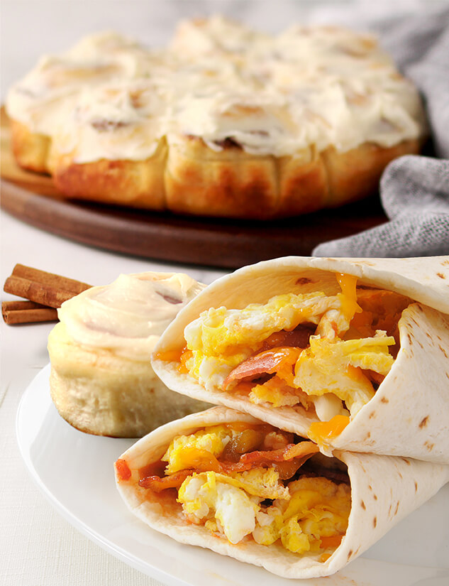 Breakfast Burrito Bar with Butter Braid Pastry Cinnamon Rolls